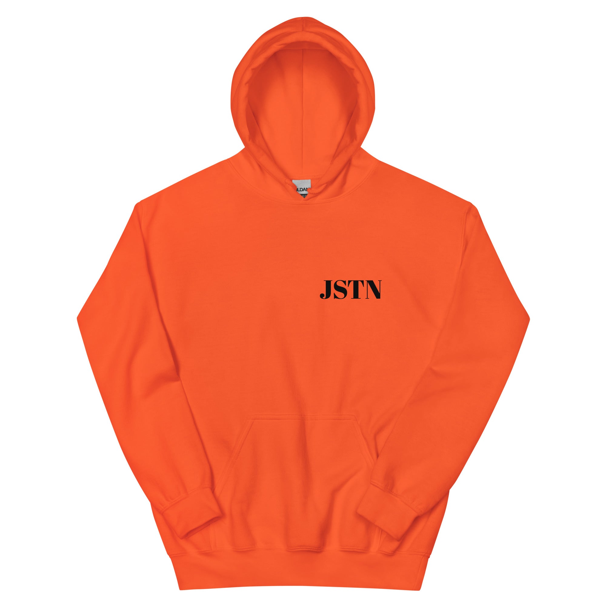 JSTN Hoodie Orange – Vorderansicht Unisex Kapuzenpullover