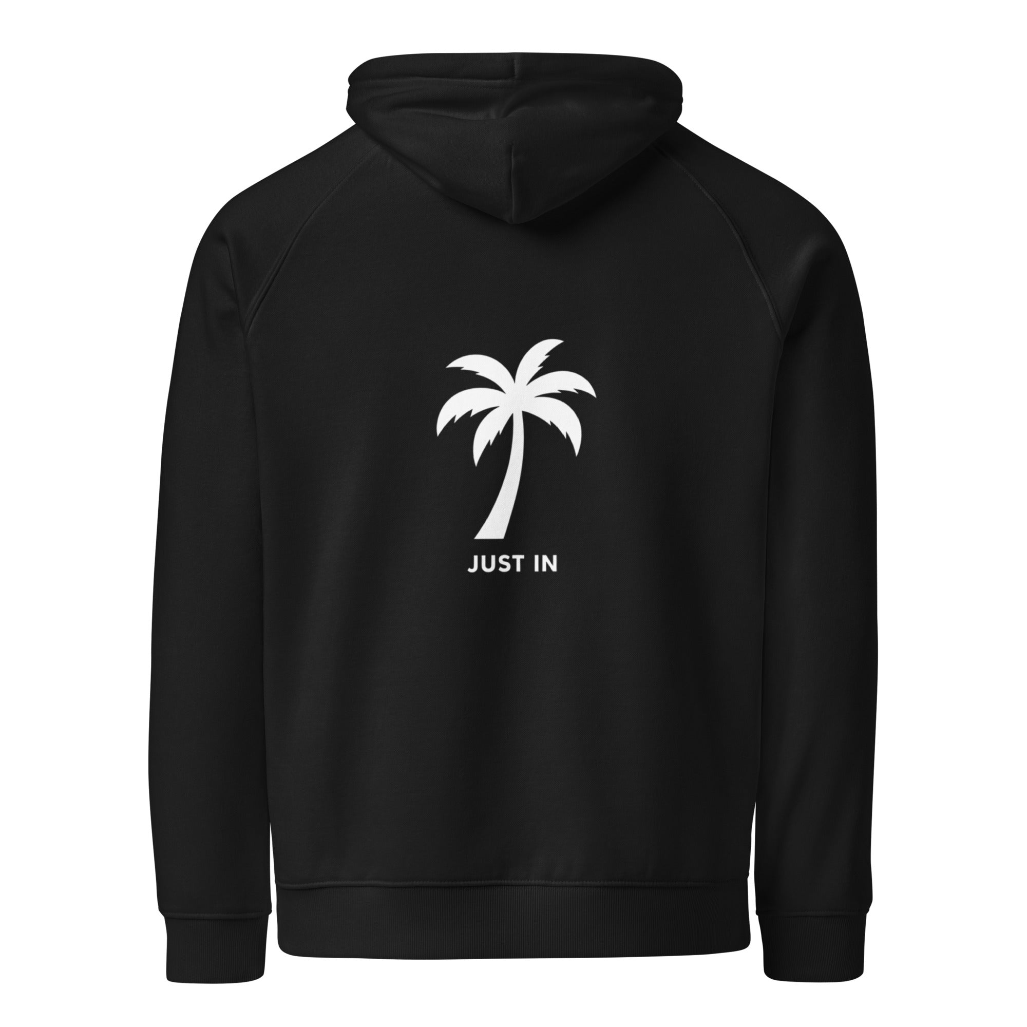 Schwarzer Hoodie Rückseite mit weißem JUST IN Palmen-Design