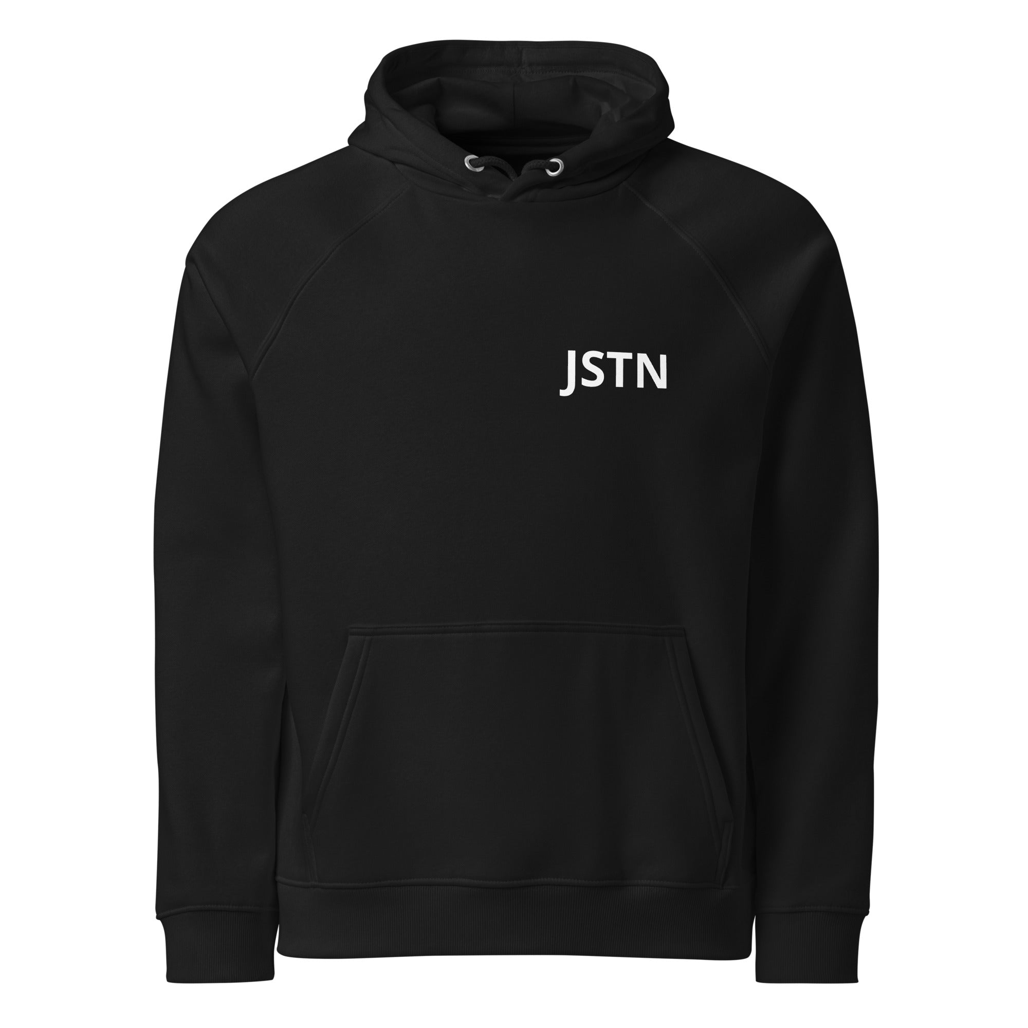 Schwarzer Bio-Raglan Hoodie mit JSTN Logo auf der Brust, Frontansicht