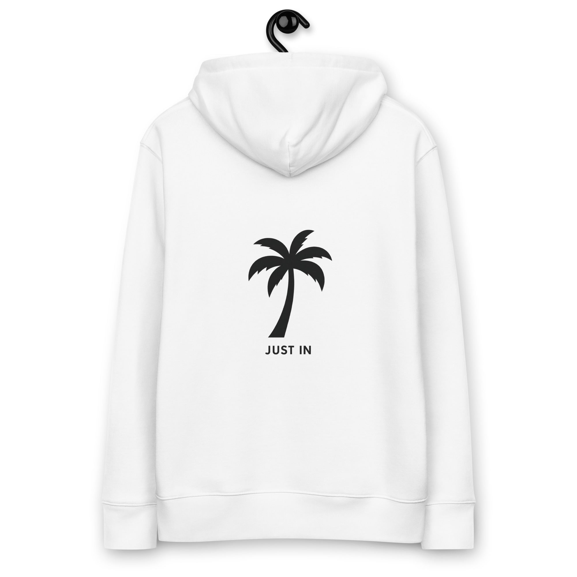 Produktbild Hoodie Back – Weiß mit großem JUST IN Palmenprint