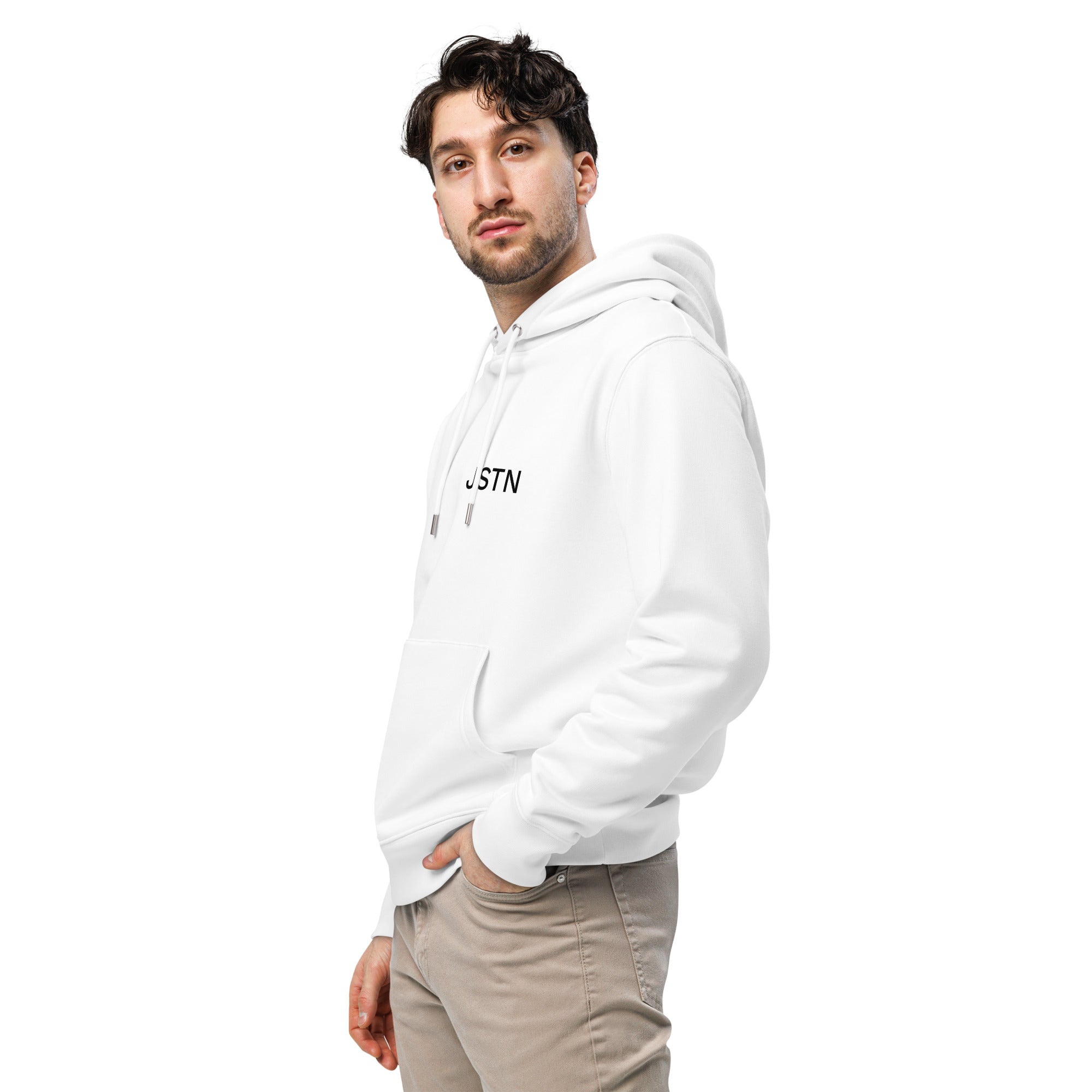 Weißer Hoodie mit JSTN Logo – Seitenansicht