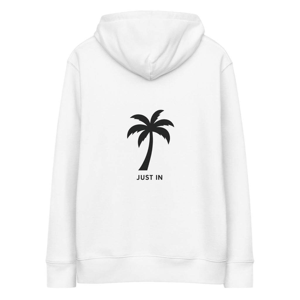 JUST IN Eco Hoodie Rückseite – Palmenprint Schwarz