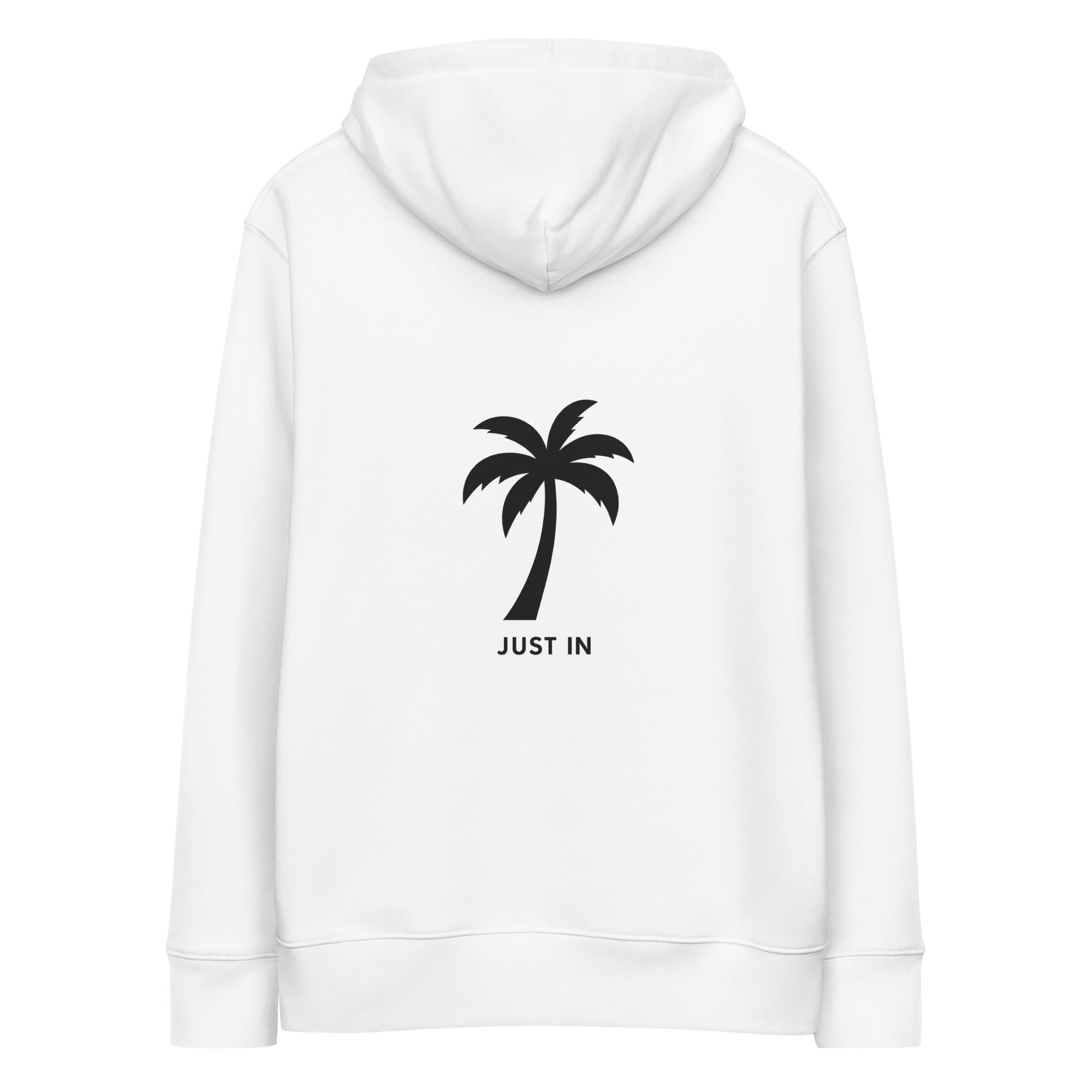 JUST IN Eco Hoodie Rückseite – Palmenprint Schwarz