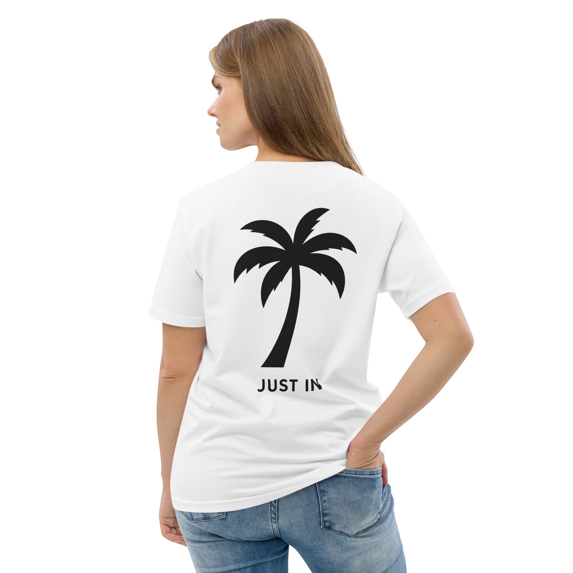 Weißes Bio-T-Shirt mit JUST IN Rückendesign – seitliche Ansicht