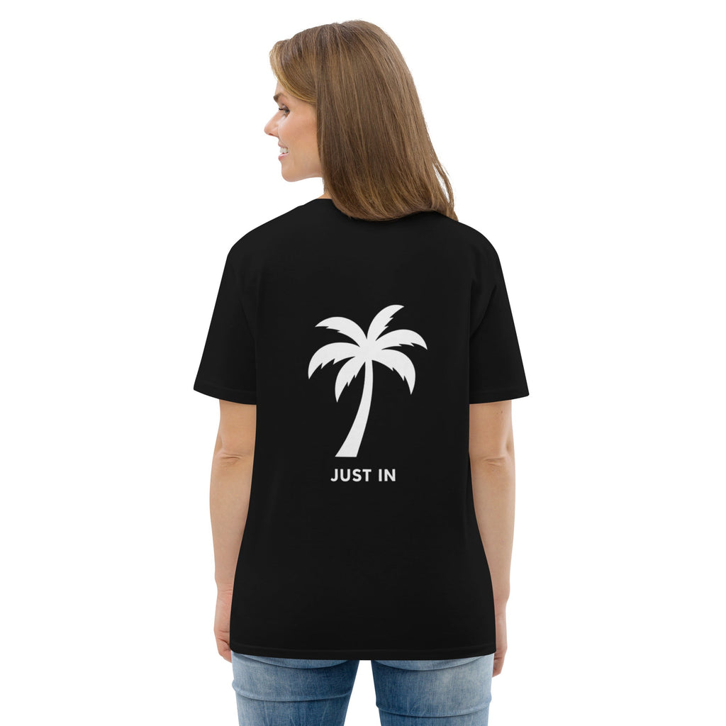Schwarzes Eco T-Shirt mit großem JUST IN Palmenprint hinten