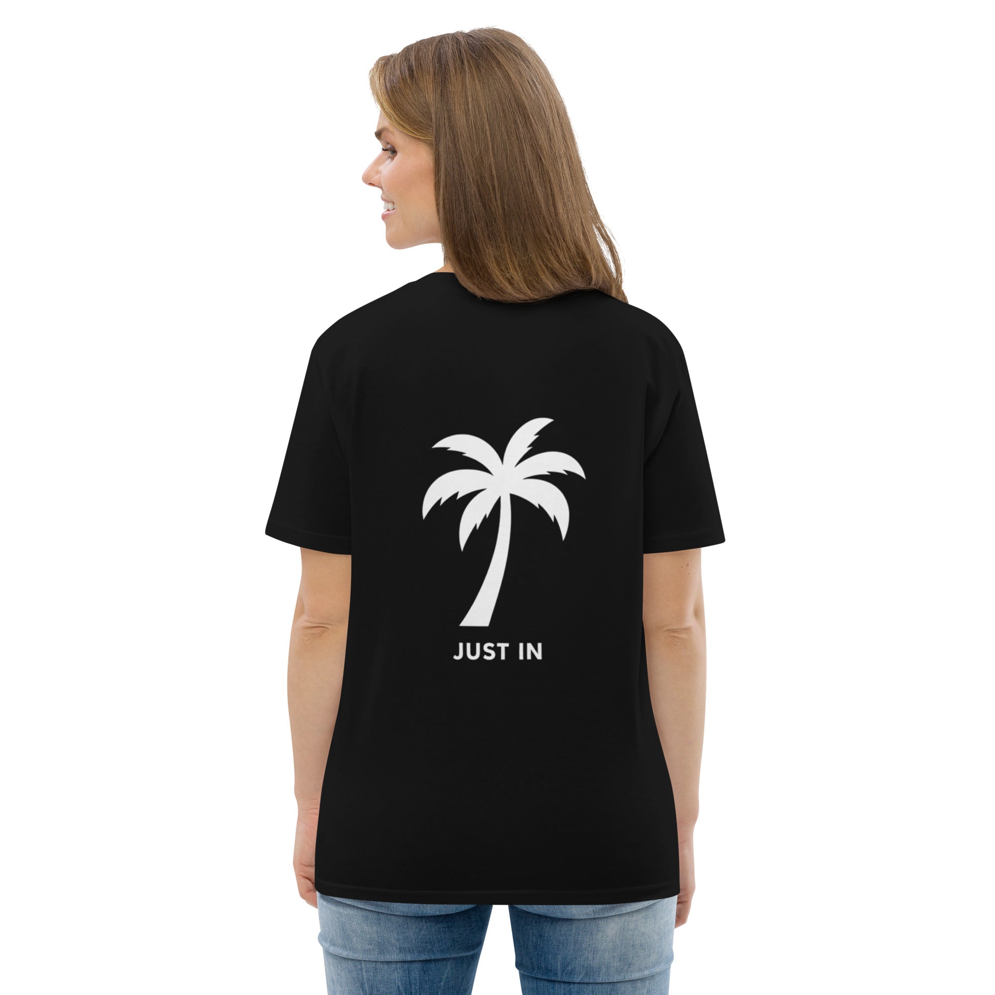 Schwarzes Eco T-Shirt mit großem JUST IN Palmenprint hinten