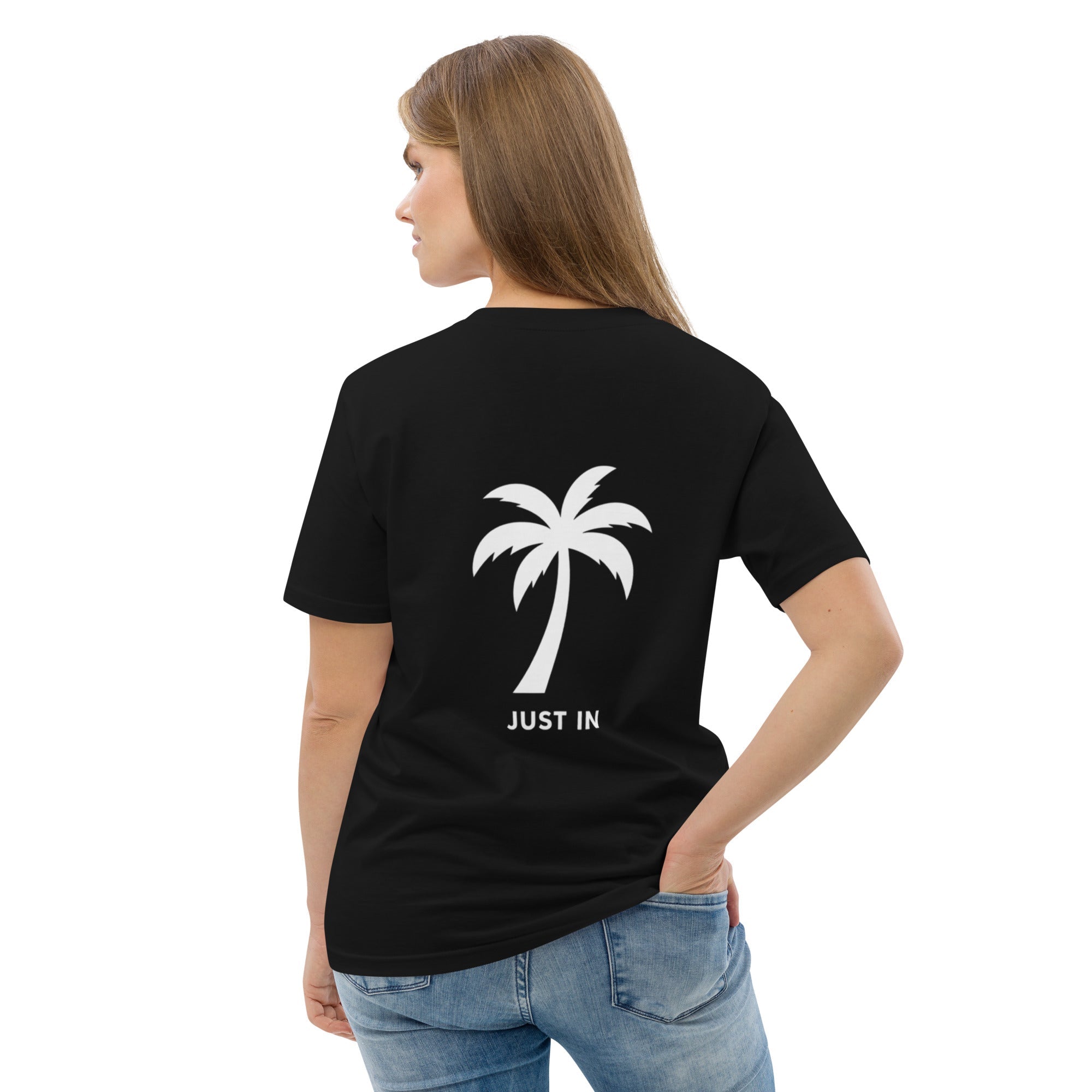 Schwarzes Eco T-Shirt – Rückseite mit Palmenprint
