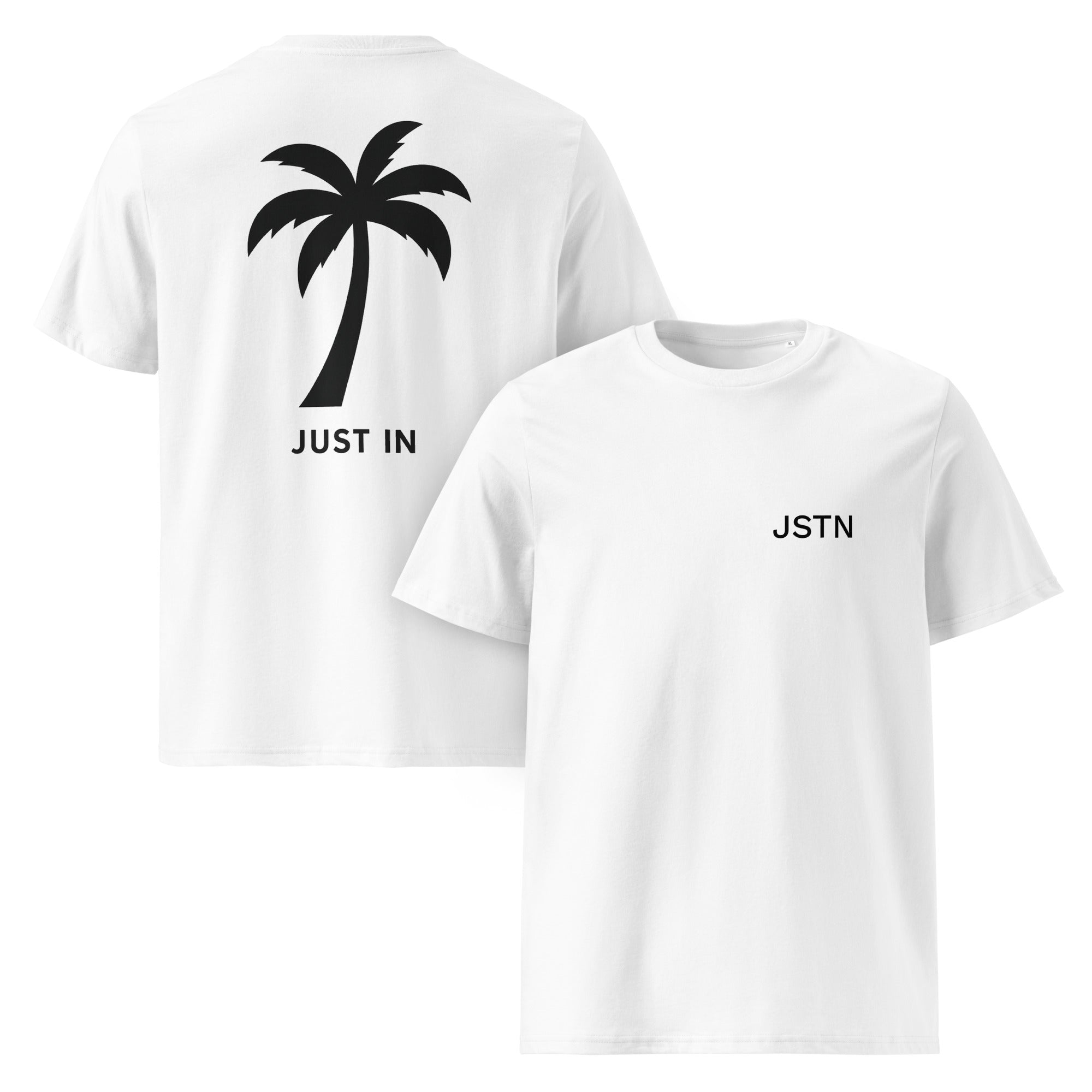 Weißes JUST IN Essential Eco T-Shirt mit JSTN Frontprint & Palmen-Backprint