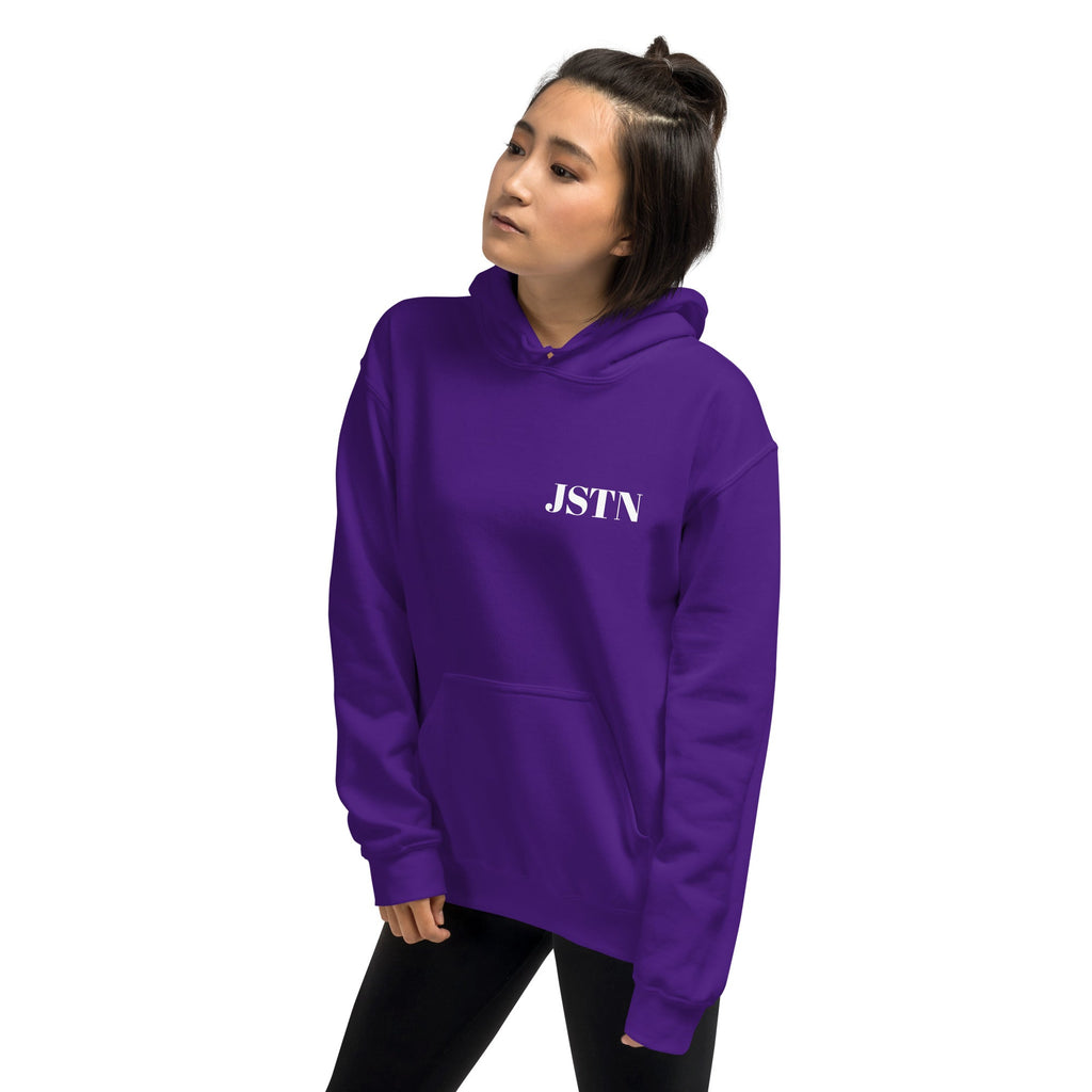 JSTN Hoodie lila Rückseite – Unisex Kapuzenpullover