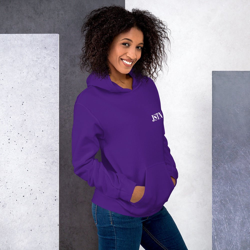 JSTN Unisex Hoodie lila – Vorderansicht Kapuzenpullover