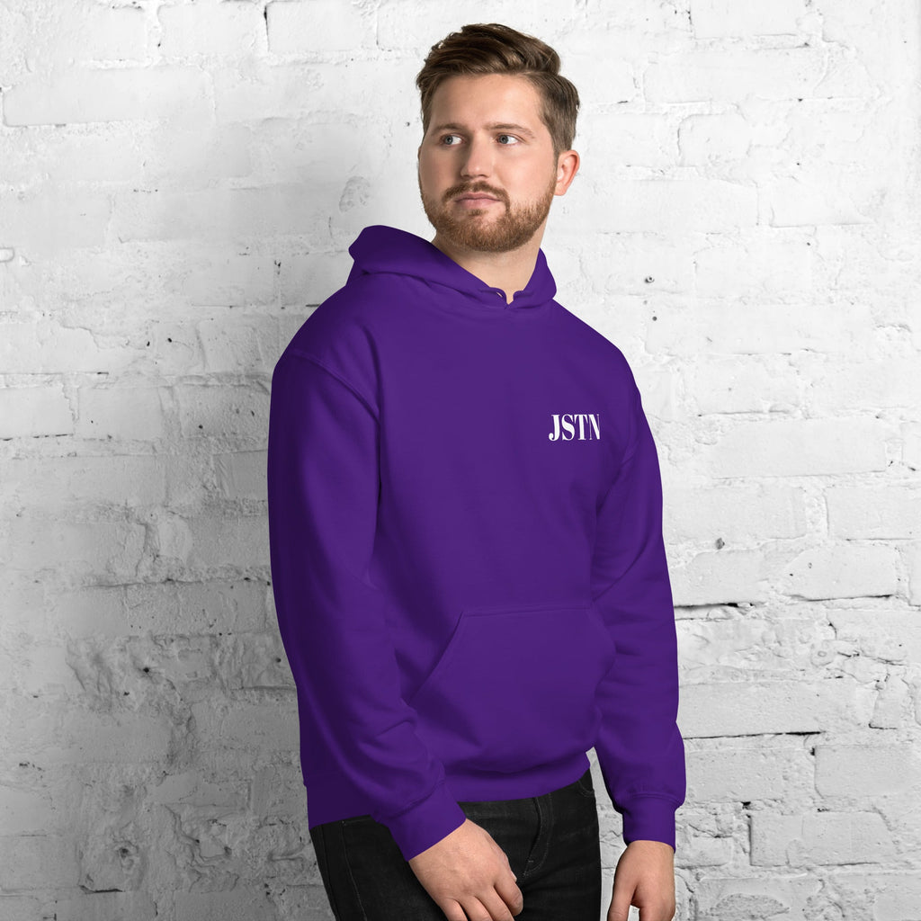 JSTN Hoodie lila – Nahaufnahme Stoffqualität Baumwolle Polyester