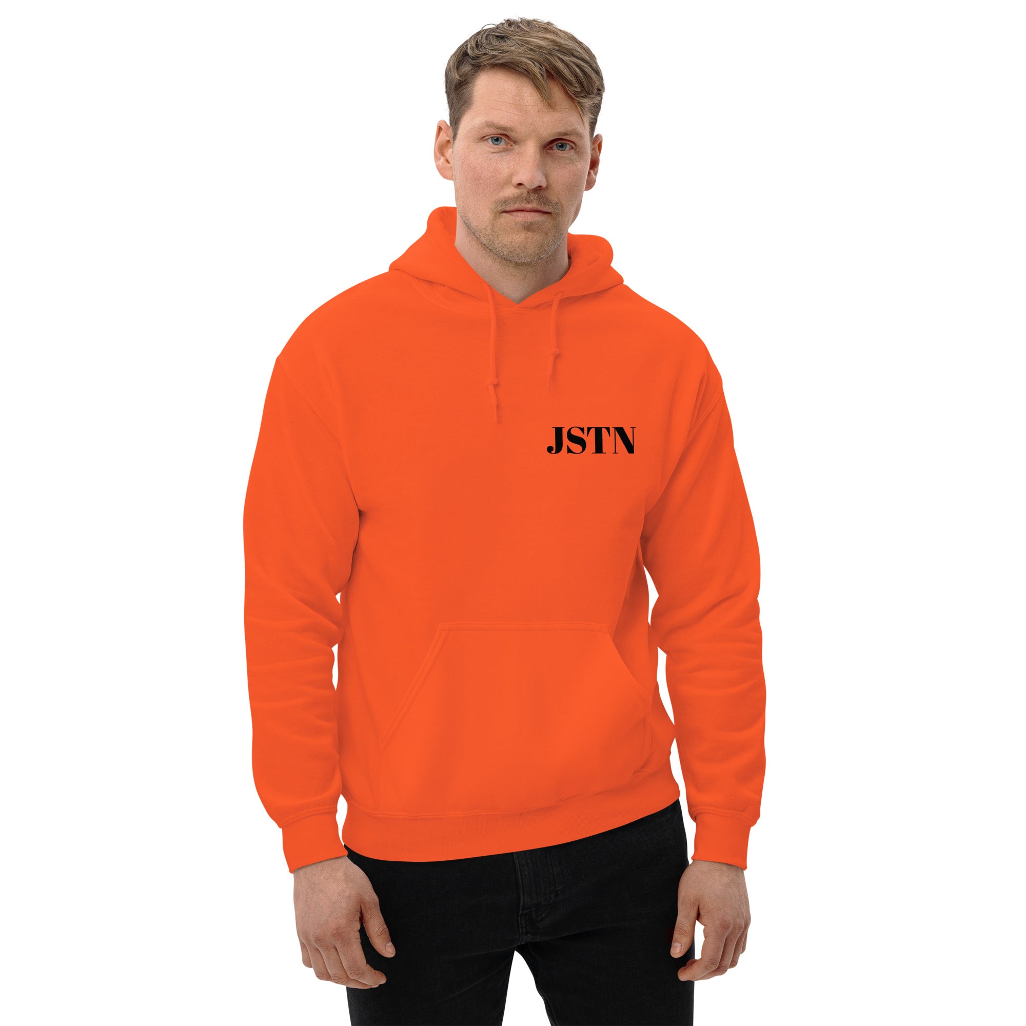 JSTN Hoodie Orange – Seitenansicht Hoodie für Damen & Herren